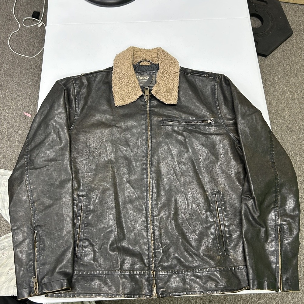 Aeropostale Faux Leather Jacket Mens L Brown Sherpa Collar Distressed Bomber